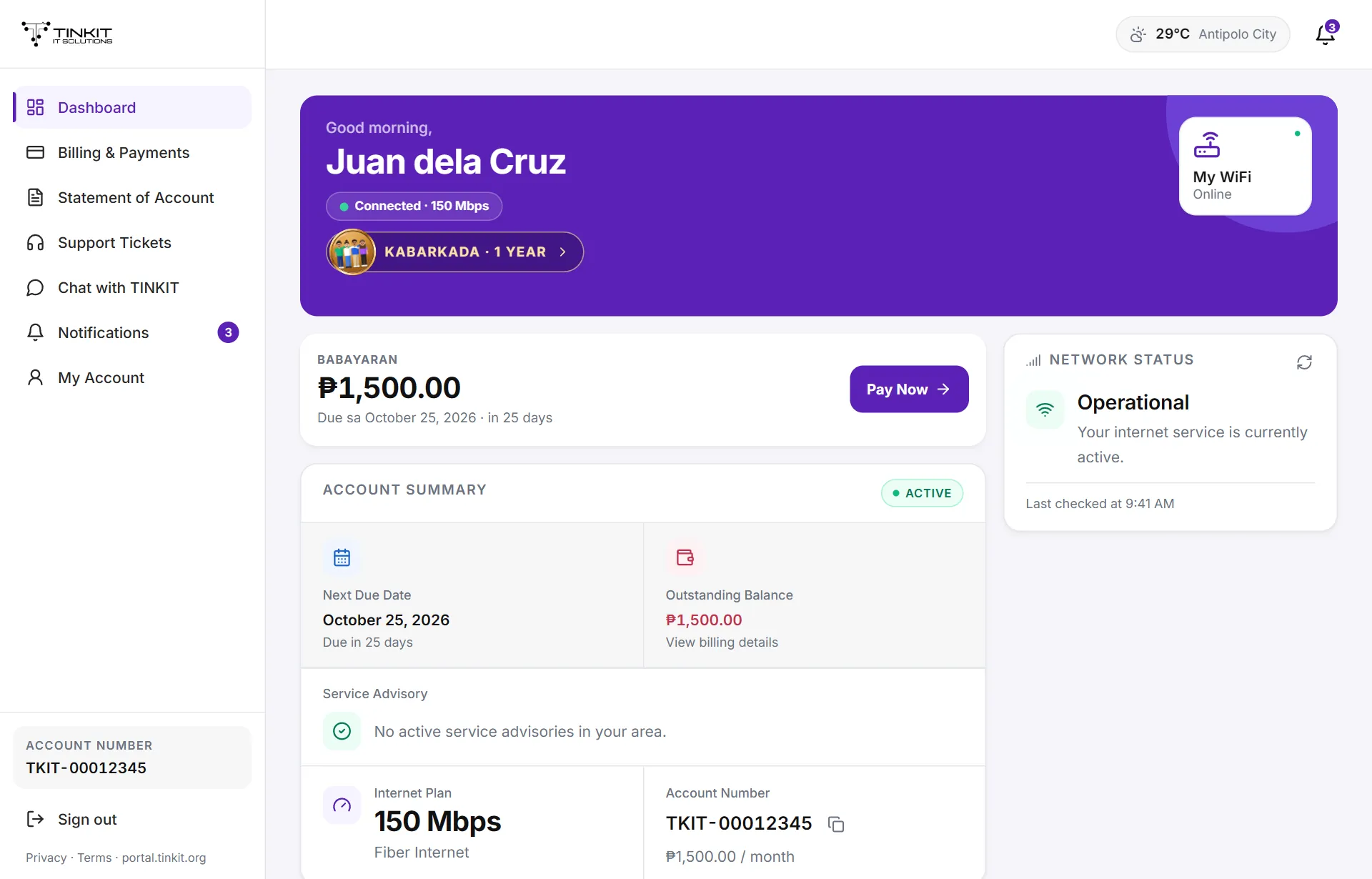 The TINKIT E-Portal on a computer, for a sample subscriber: connected at 150 Mbps, the next bill of ₱1,500 with a Pay Now button, and the network status. As the page scrolls, the bill is paid: the GCash payment form is filled in, submitted, and marked Pending Verification.